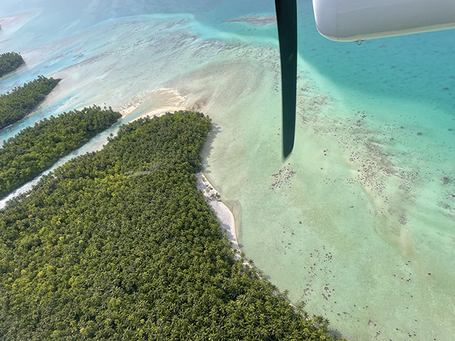 View of Tetiaroa Island in French Polynesia from a plane flying over The Brando Luxury Resort.