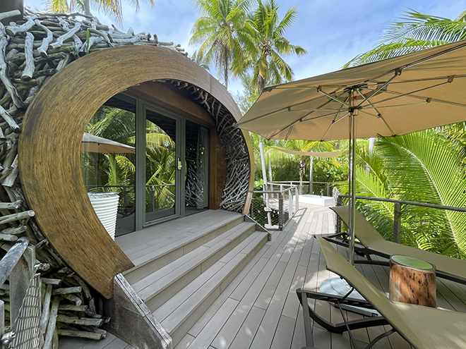 View of the outside of a bedroom at The Brando luxury hotel & resort in Tetiaroa, French Polynesia.