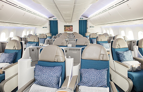 The business cabin interior of an Air Tahiti Nui plane