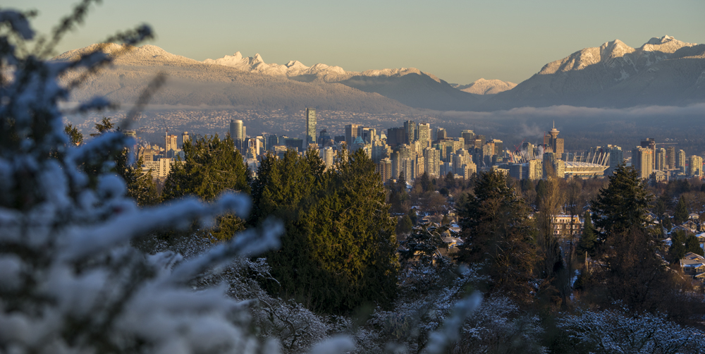 Vancouver in winter with snow on the trees