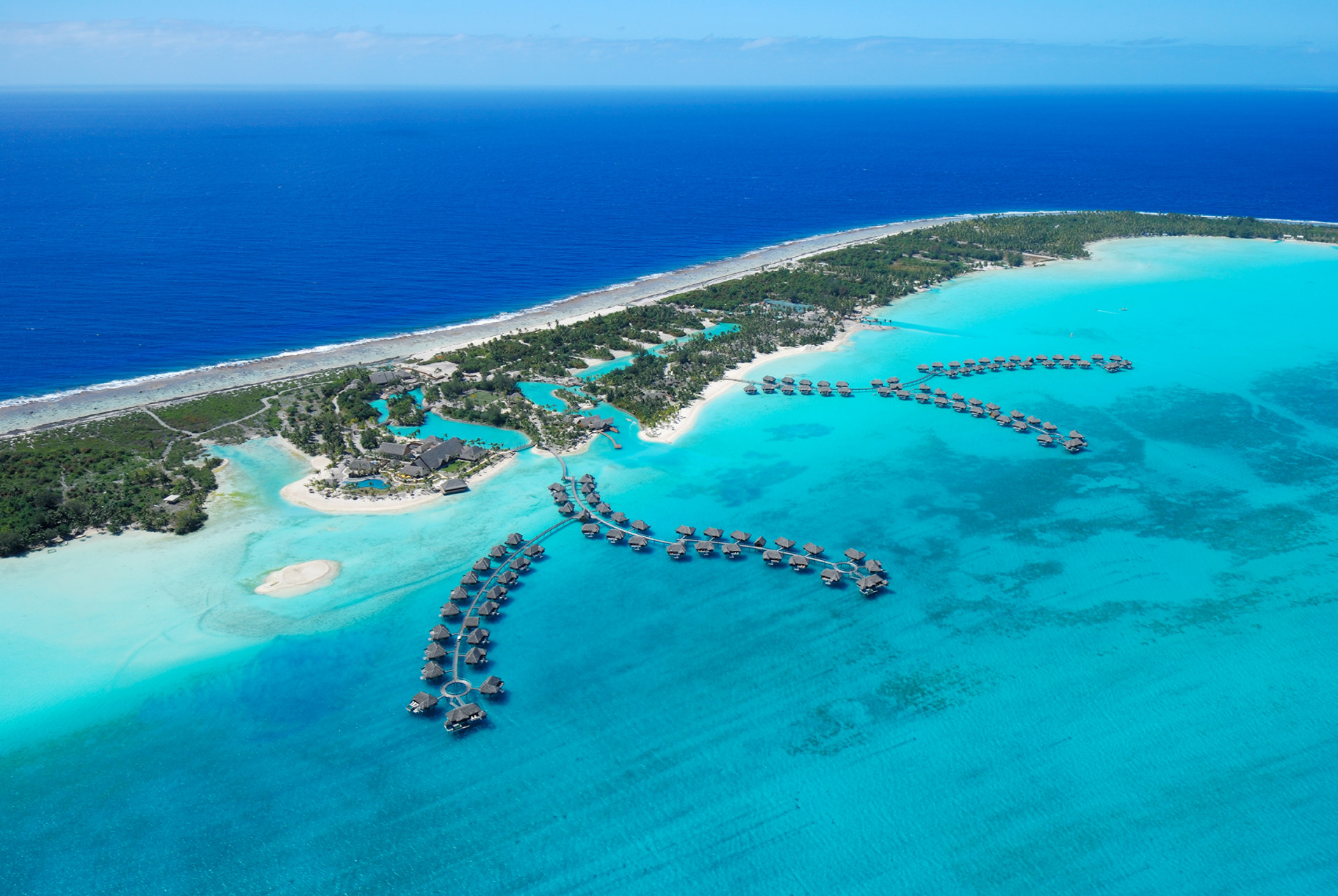 Four Seasons Resort Bora Bora aerial view with incredible turquoise waters