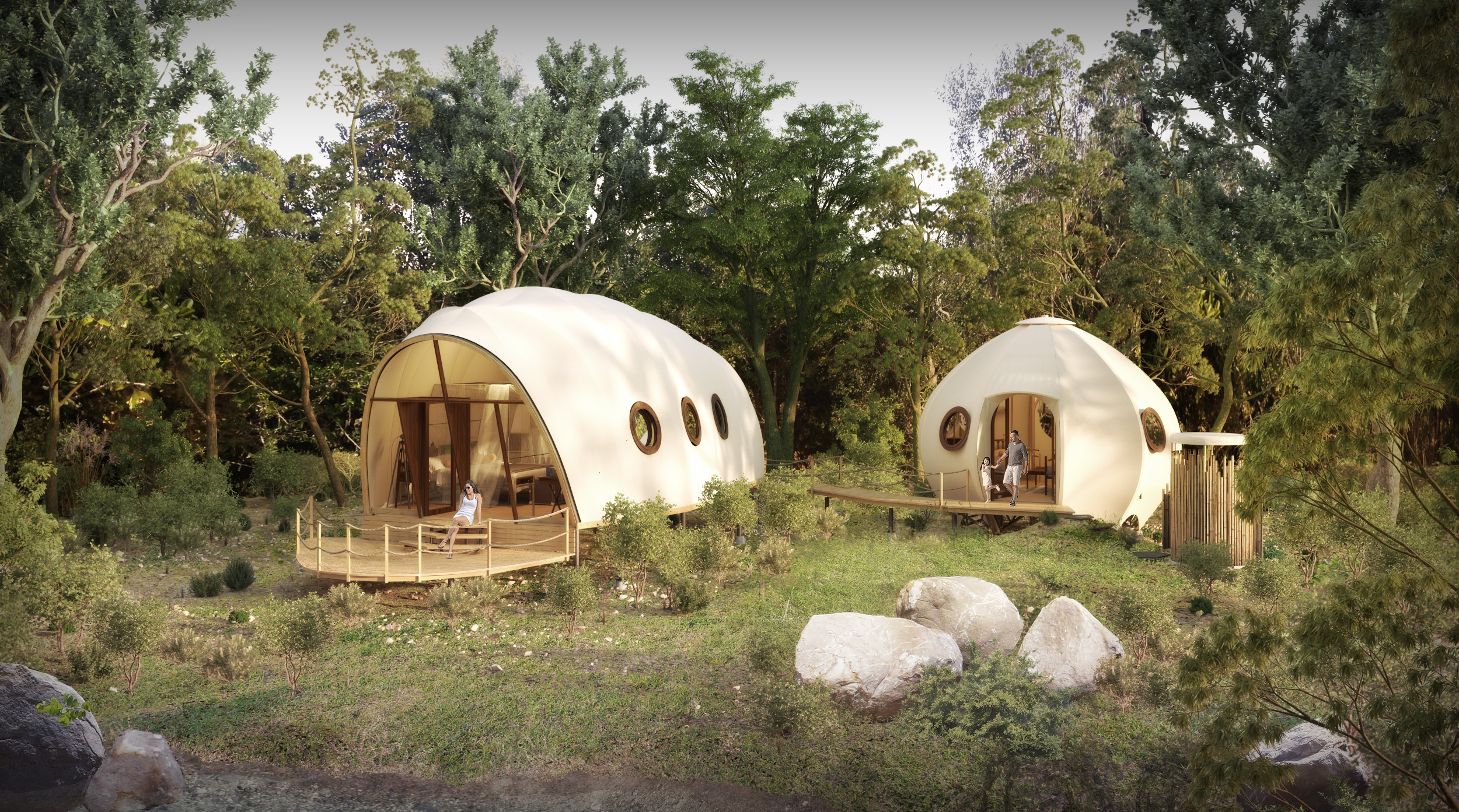 A larger cocoon and smaller urchin sit in a clearing of jungle plants at Wild Coast Tented Lodge Yala, Sri Lanka