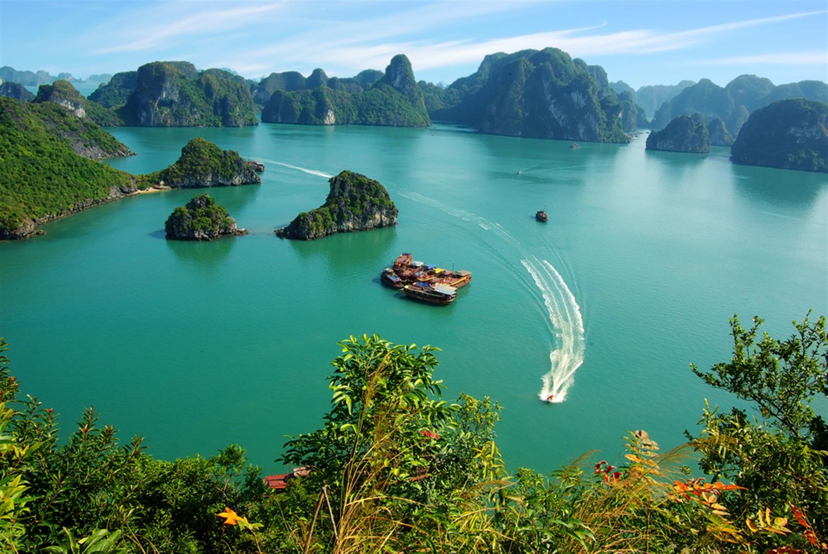 Ha Long Bay in Vietnam with boat and views