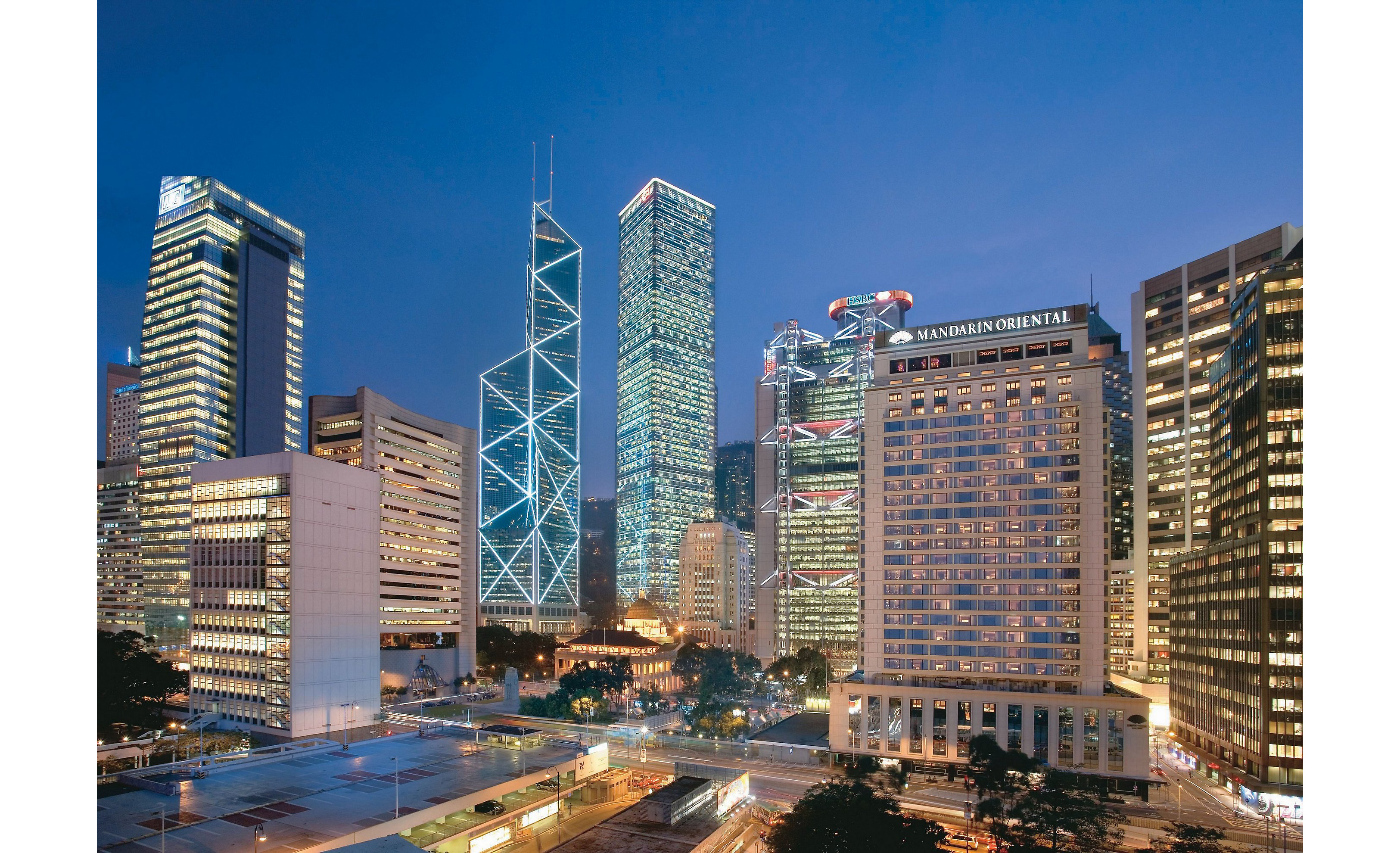 Exterior views at night of Mandarin Oriental in Hong Kong