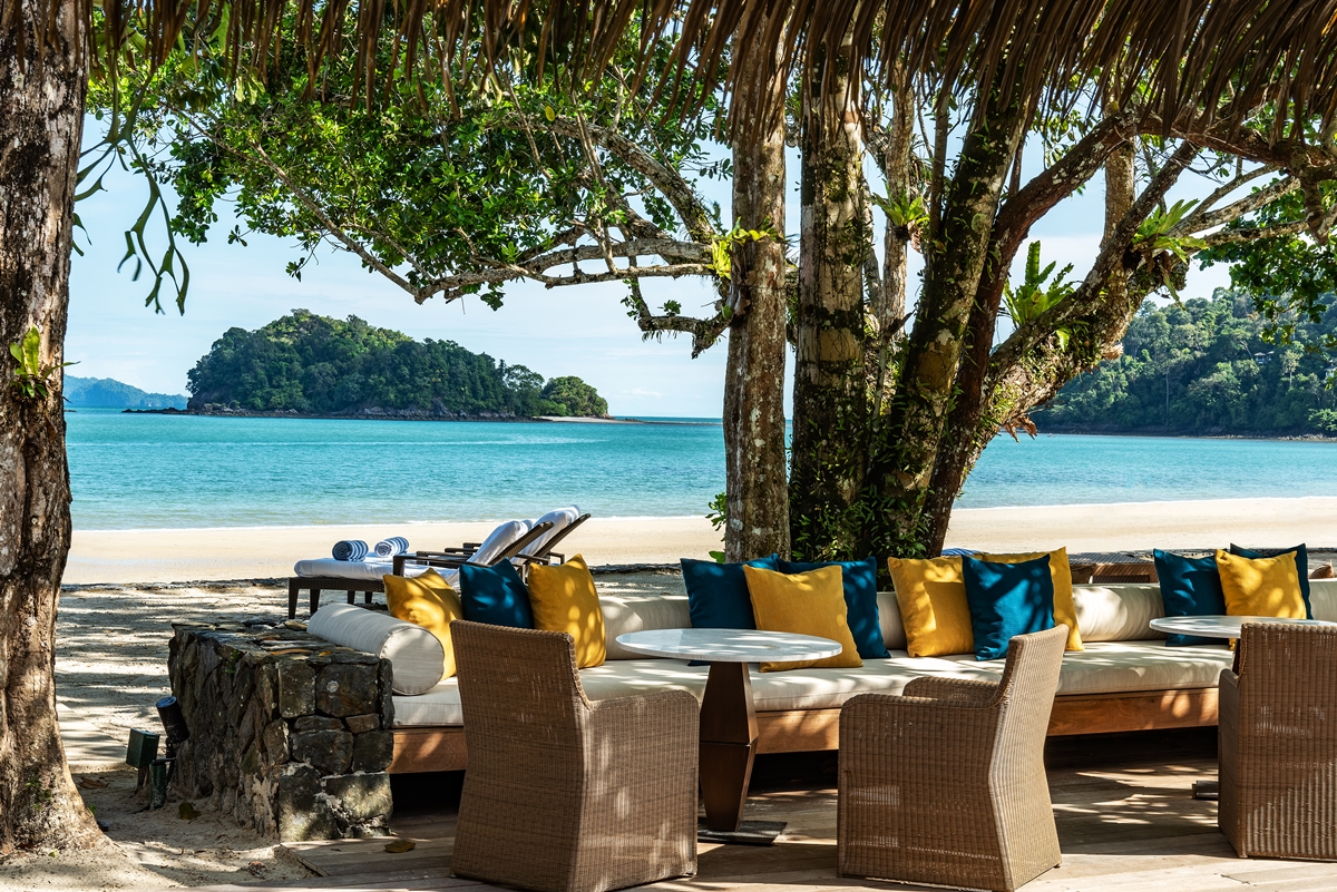 Bar on the beach at The Datai with sea views
